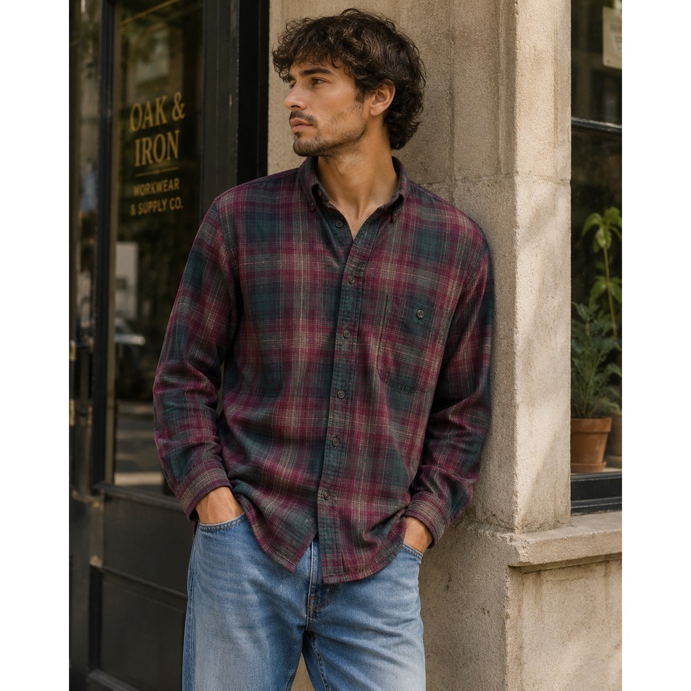 Roundtree & Yorke Mens Large Plaid Button Down Shirt Cotton Long sleeve
